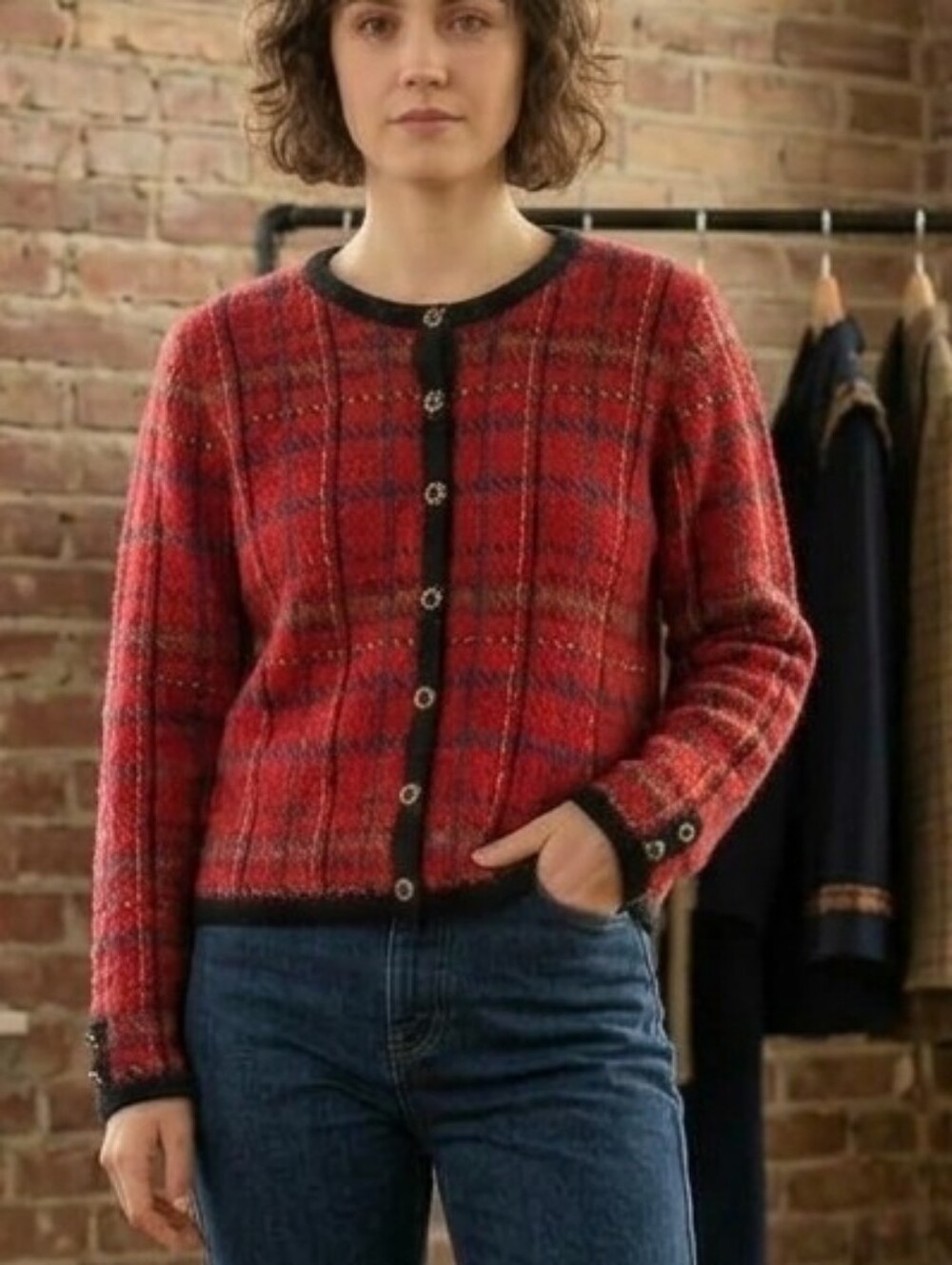 Worthington Vintage Red Plaid Knit Cardigan with Black Trim Size L